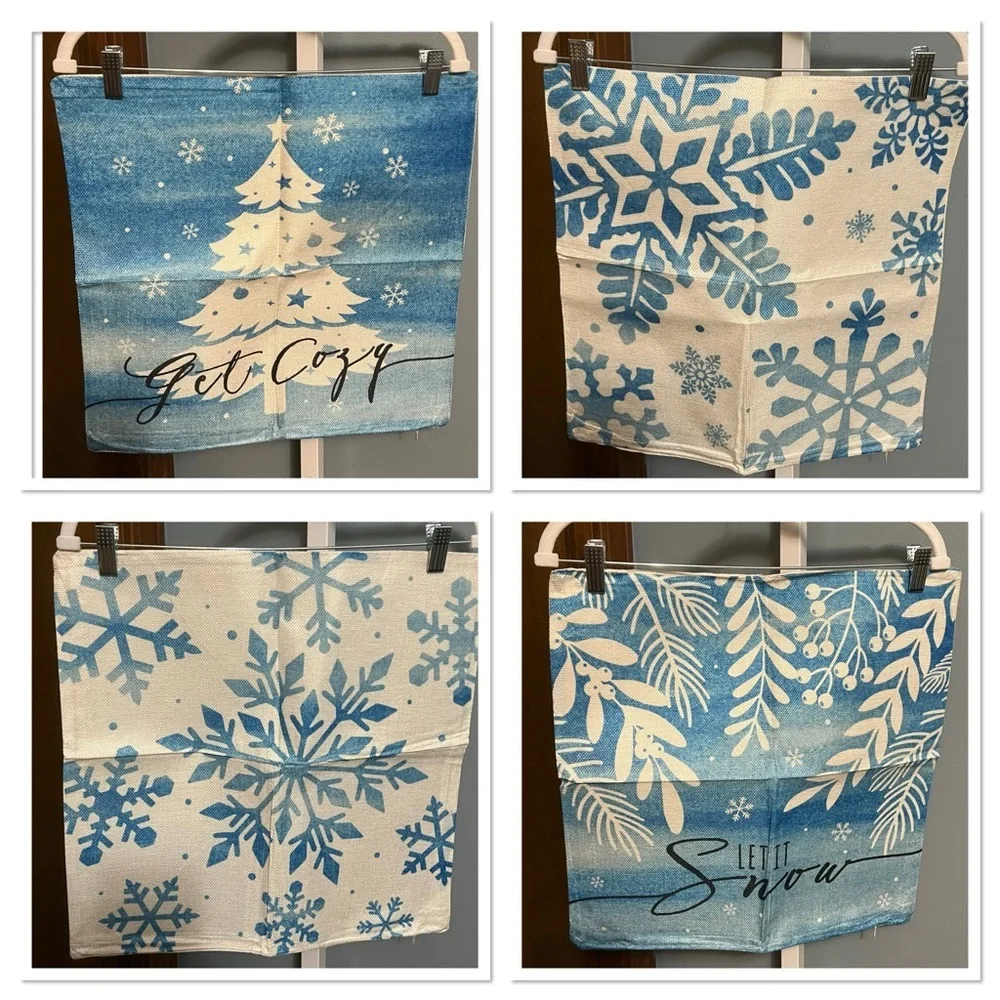 🇺🇸 $5 🇺🇸 Blue and White Winter Theme Canvas Pillow Case Covers 17.5x17.5 Set 4